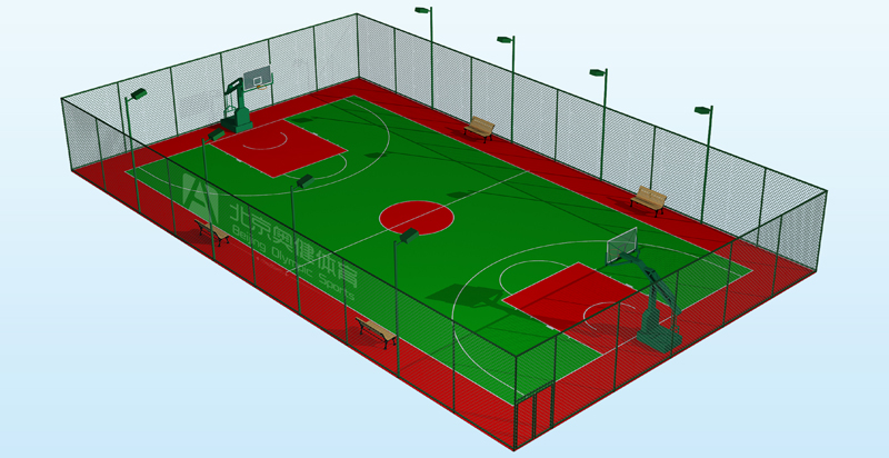 塑膠籃球場效果圖圖片，帶圍網(wǎng)燈光籃球架，